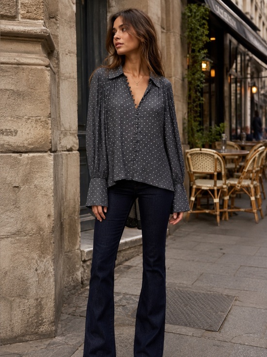 Free People Tops - FREE PEOPLE Hi/Lo Gray Dotted Button Front Boho Workwear Swing Blouse, S